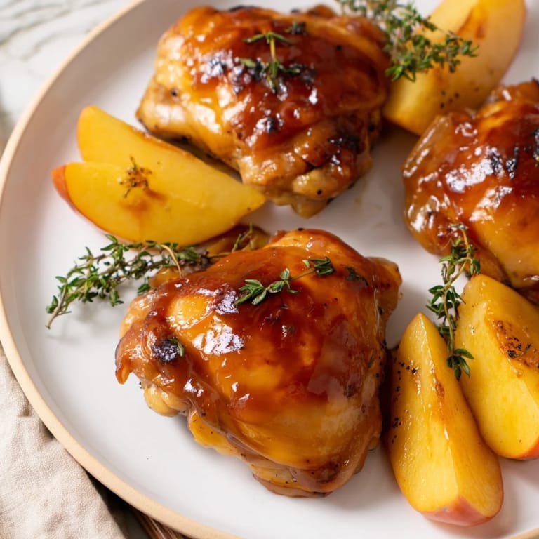 Savory and sweet: A close-up shows baking Sticky Maple Apple Chicken, coated in a rich, shiny sauce.
