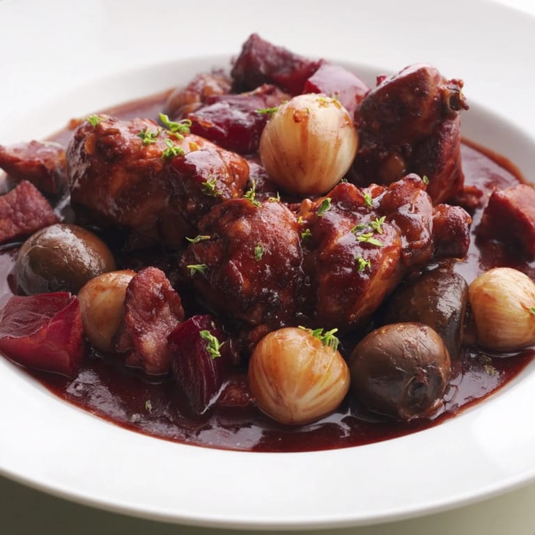 Aromatic Coq au Vin, showcasing juicy chicken pieces braised with pearl onions and herbs in a deep pot.