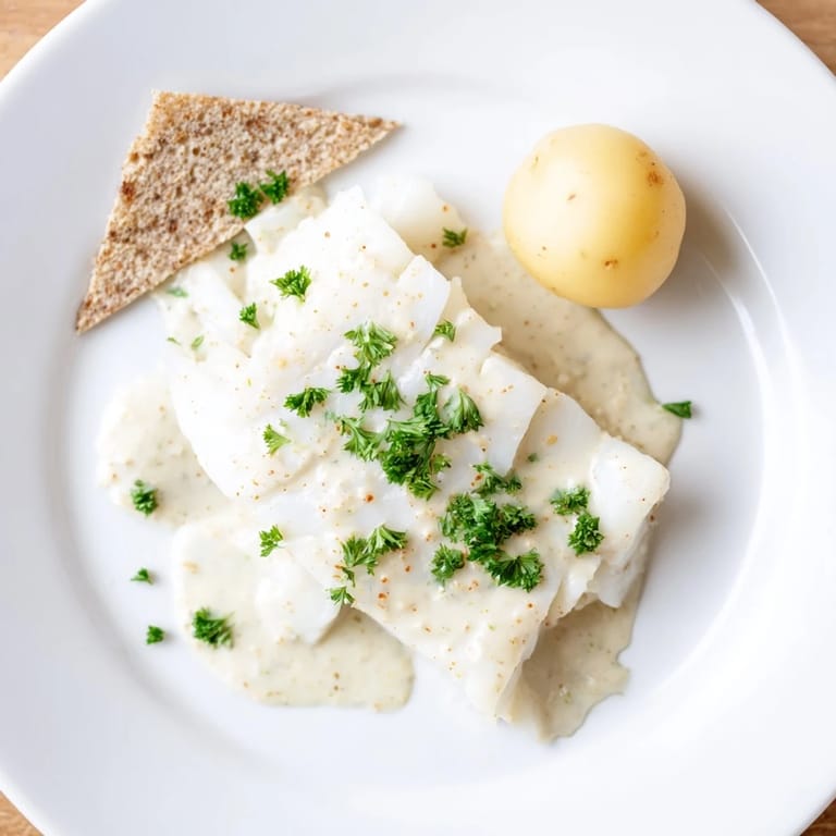 Golden baked Norwegian Lutefisk, gently pulled apart with a fork, ready to be enjoyed.