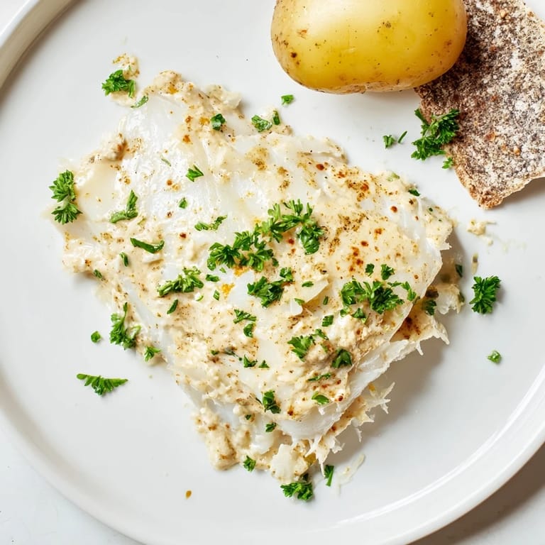 Close-up of tender Norwegian Lutefisk, swimming in a rich and flavorful mustard sauce.