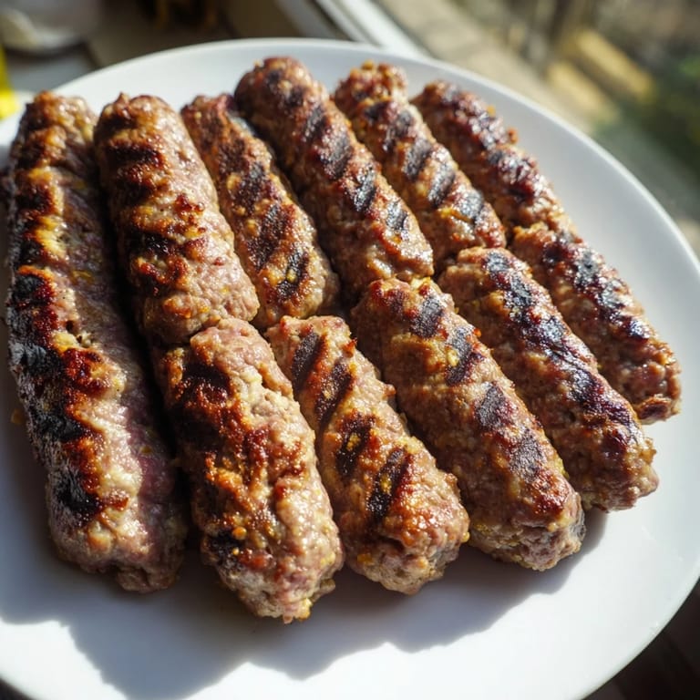 Close-up of freshly grilled Romanian mici, juicy and flavorful, with hints of spice and smoke.