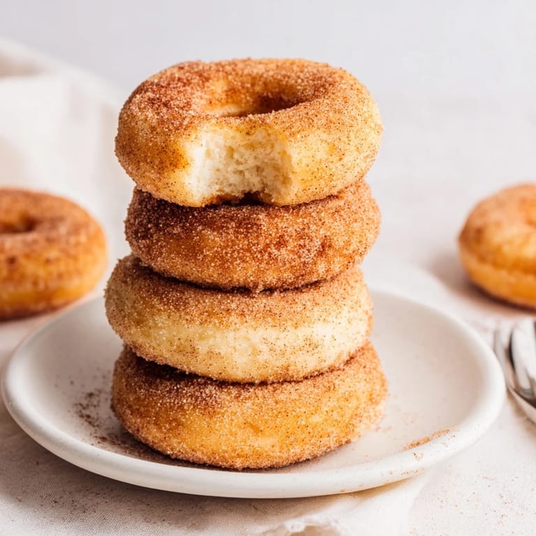 Perfectly round air fryer cinnamon sugar donuts, dusted in cinnamon sugar, next to a cup of coffee.