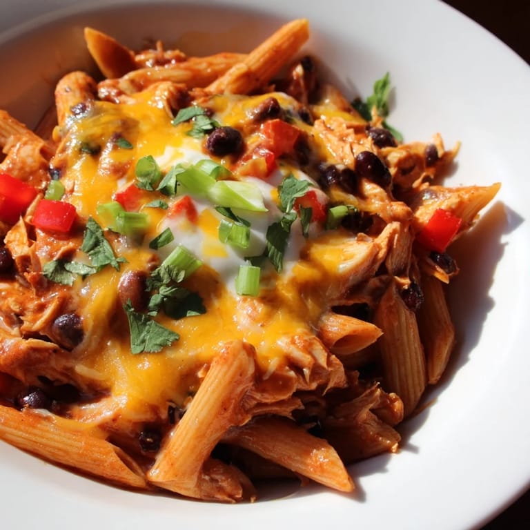 This delicious Chicken Enchilada Pasta features tender chicken, flavorful sauce, and colorful bell peppers.