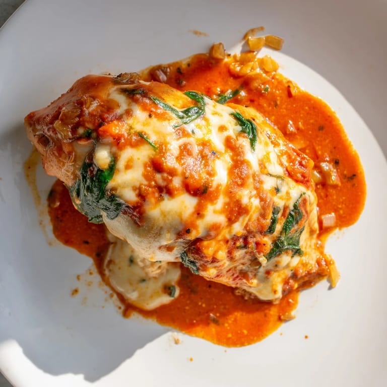 A close-up of Spinach Ricotta Stuffed Chicken, with melted cheese and fresh basil garnish.