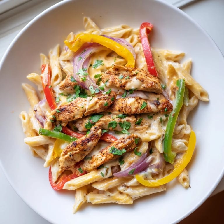 Get a spoonful of this creamy Fajita Chicken Pasta Skillet, with tender chicken and melted cheese, ready to enjoy.
