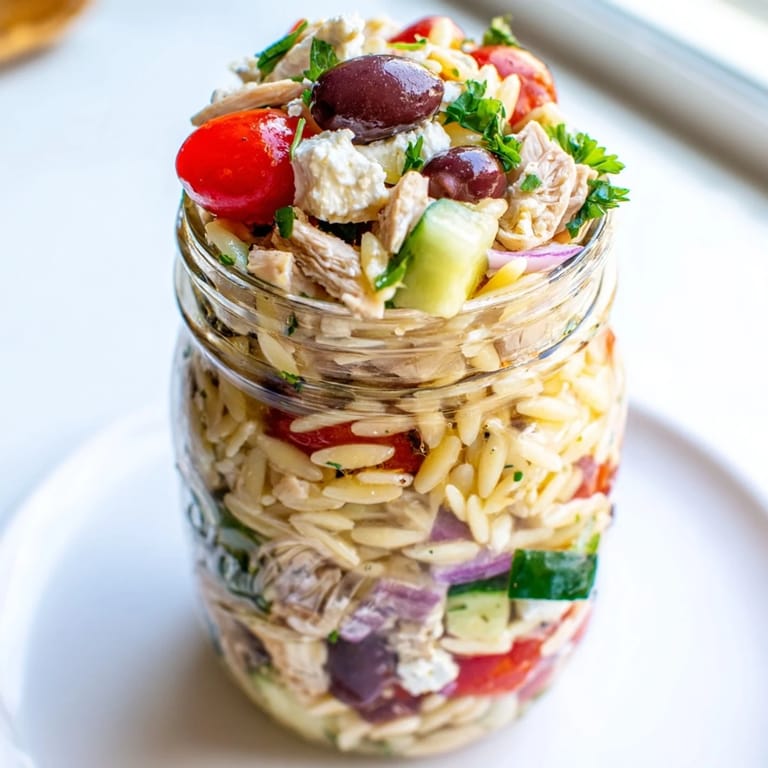 These packed Greek Pasta Chicken Salad Jars ready for lunch demonstrate beautiful layers ready to be tossed.