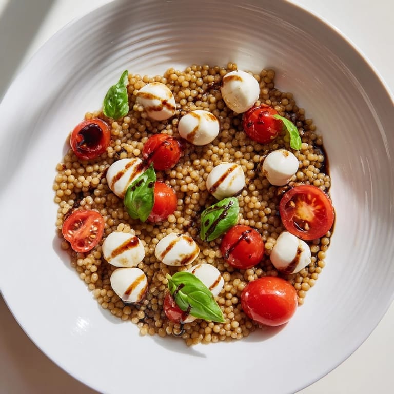 Fresh Caprese Couscous Salad, a vegetarian delight with bright basil and tangy balsamic glaze drizzled.