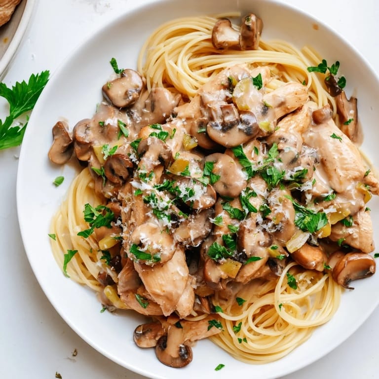 Enjoy a comforting bowl of creamy mushroom chicken spaghettini, a light but flavorful Italian-inspired dish.