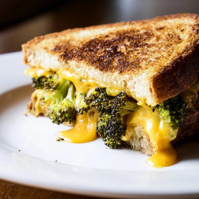 Warm and inviting photo of a freshly grilled Roasted Broccoli & Cheddar Grilled Cheese, ready to eat.