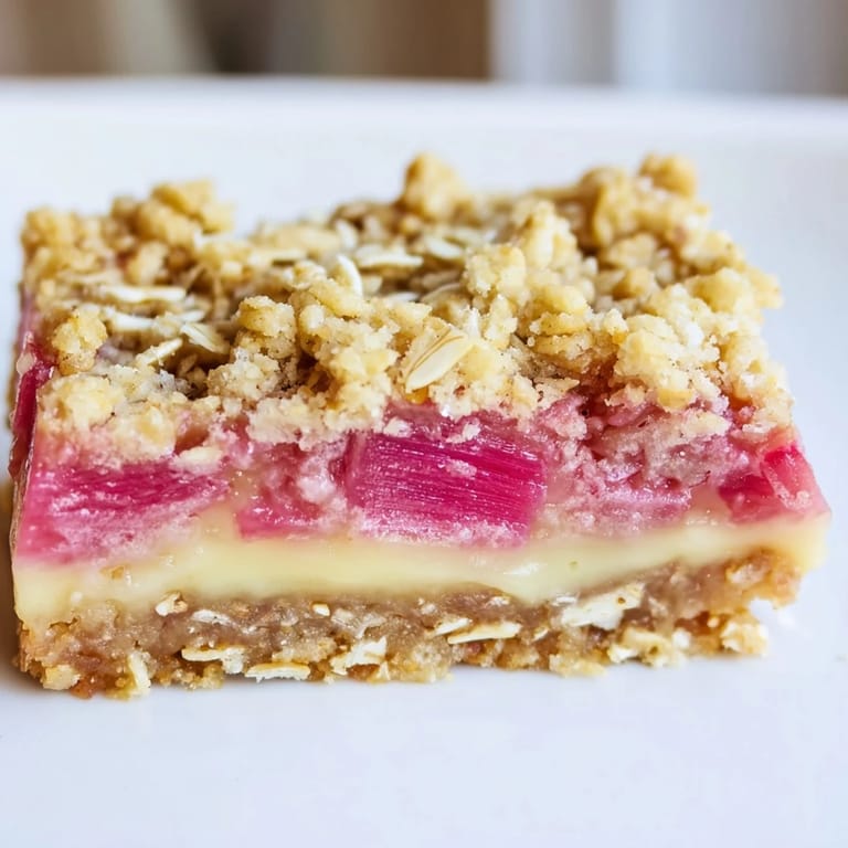 A bite-sized piece of Rhubarb and Custard Crumble Bars held on a fork, revealing the creamy vanilla custard and tangy fruit filling inside.