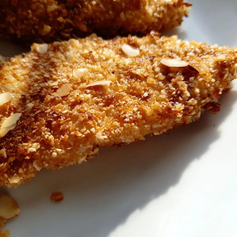 Close-up of crispy almond-crusted chicken served over fresh kale salad with parsley and toasted slivered almonds.