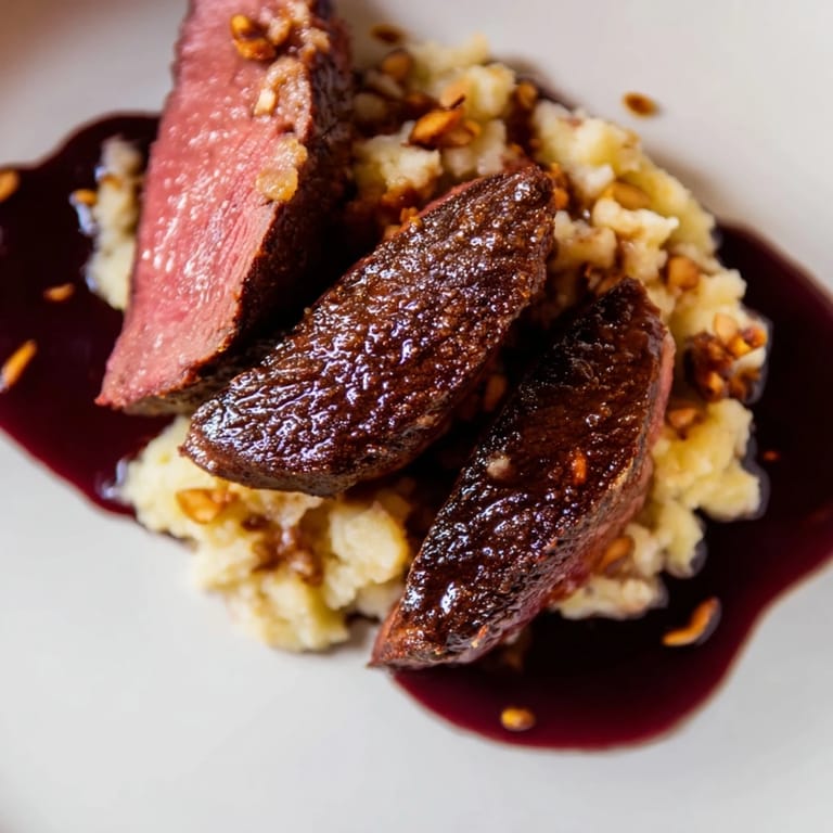 Two pan-seared venison steaks with fresh thyme garnish sit beside a mound of buttery swede mash, flecked with toasted caraway seeds on a warm ceramic dish.