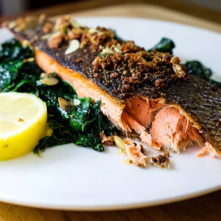 Golden air-fried salmon with crackling skin alongside tender Swiss chard, ready for a healthy weeknight dinner.