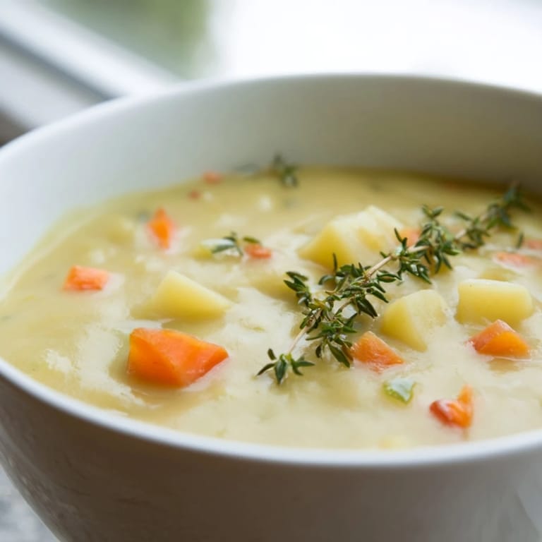A rustic bowl of split pea soup garnished with fresh parsley, served with crusty bread on a wooden table.