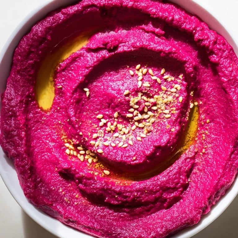 Bright pink Roasted Beet Hummus served with crunchy pita chips and fresh veggie sticks.