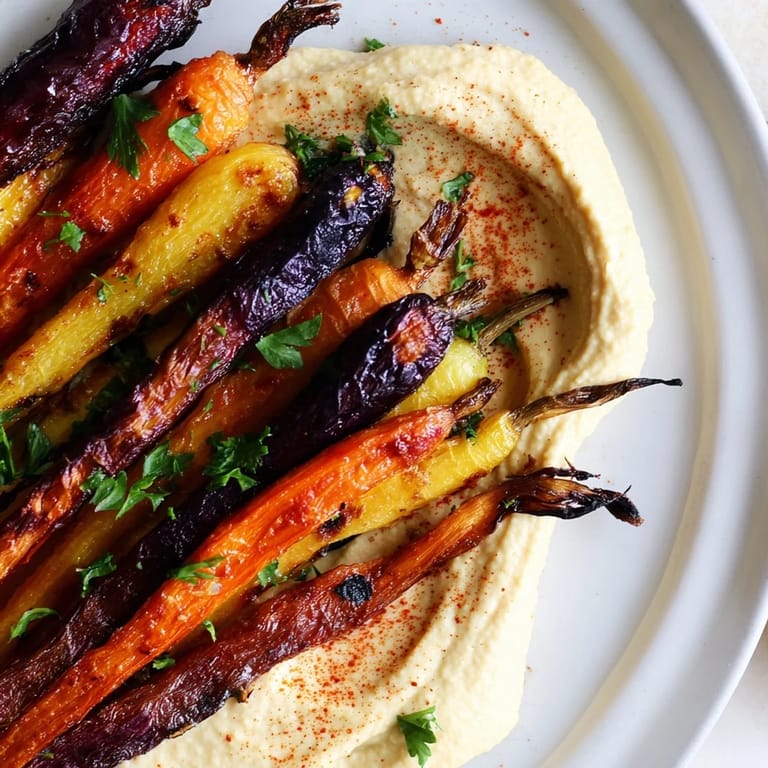 Vibrant platter of rainbow carrots and hummus for a healthy snack.