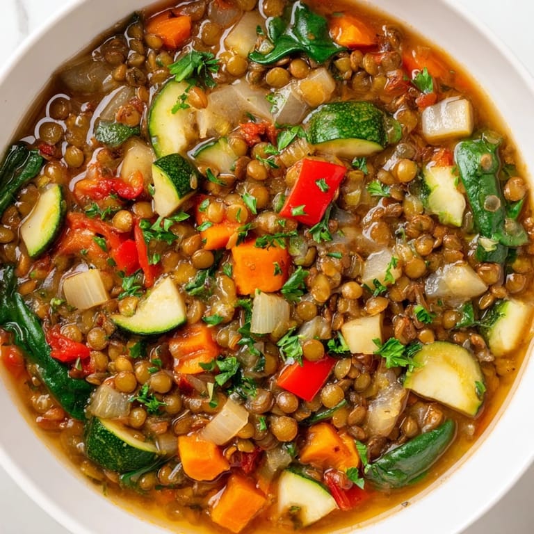 Hearty Lentil and Vegetable Soup simmering in a pot, fragrant with cumin and thyme, ready to serve with a slice of crusty bread.