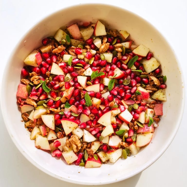 Close-up of a serving of Pomegranate and Walnut Salad, highlighting the texture of sunflower seeds and walnuts on a bed of colorful winter fruit.