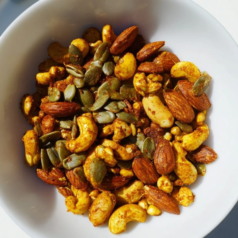 A close-up of the Spiced Nuts and Seeds Mix, showing walnuts, cashews, and pepitas coated in warm spices.