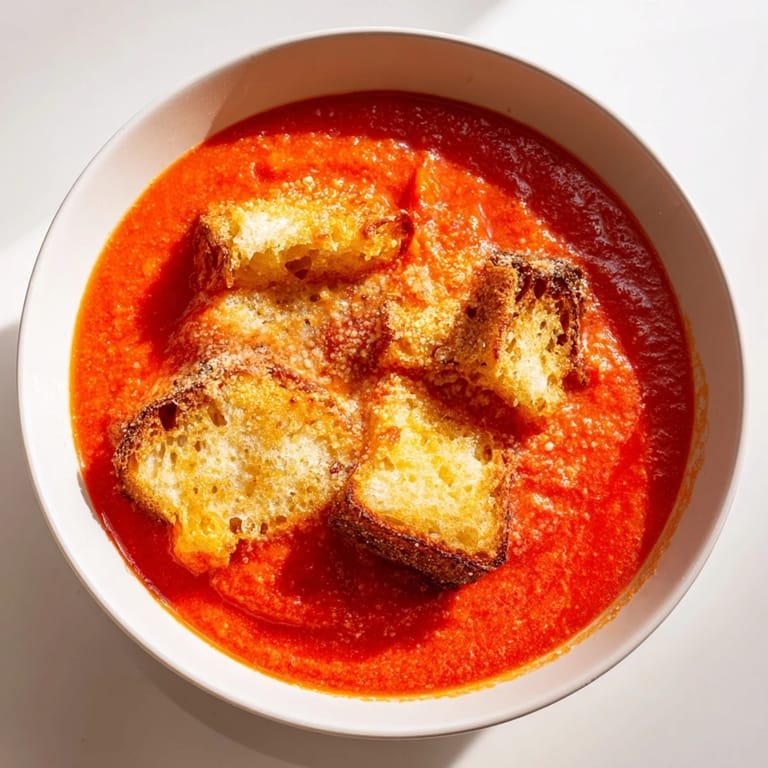 A close-up of velvety roasted tomato soup garnished with golden croutons and thyme.