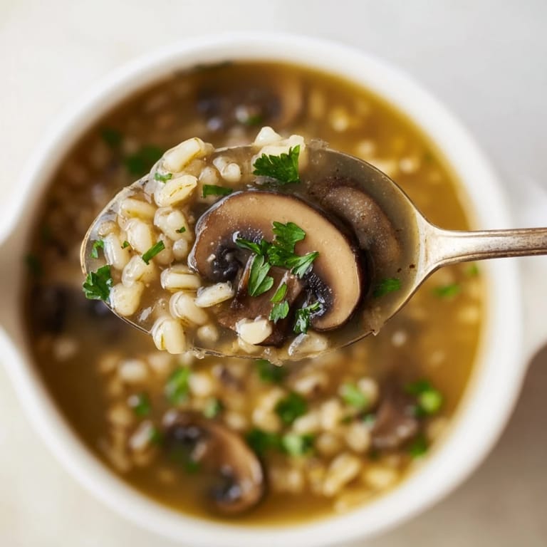 A close-up of simmering Mushroom and Barley Soup revealing tender carrots, celery, and savory thyme-infused broth.