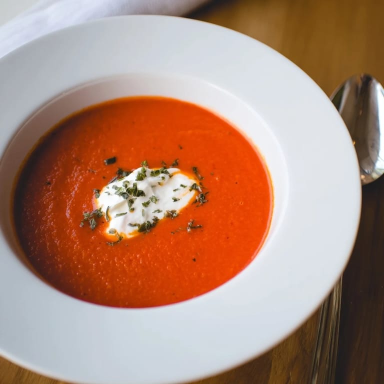 Silky-smooth Roasted Red Pepper Soup blends caramelized garlic and smoky harissa, presented with a slice of crusty bread on the side for dipping.  