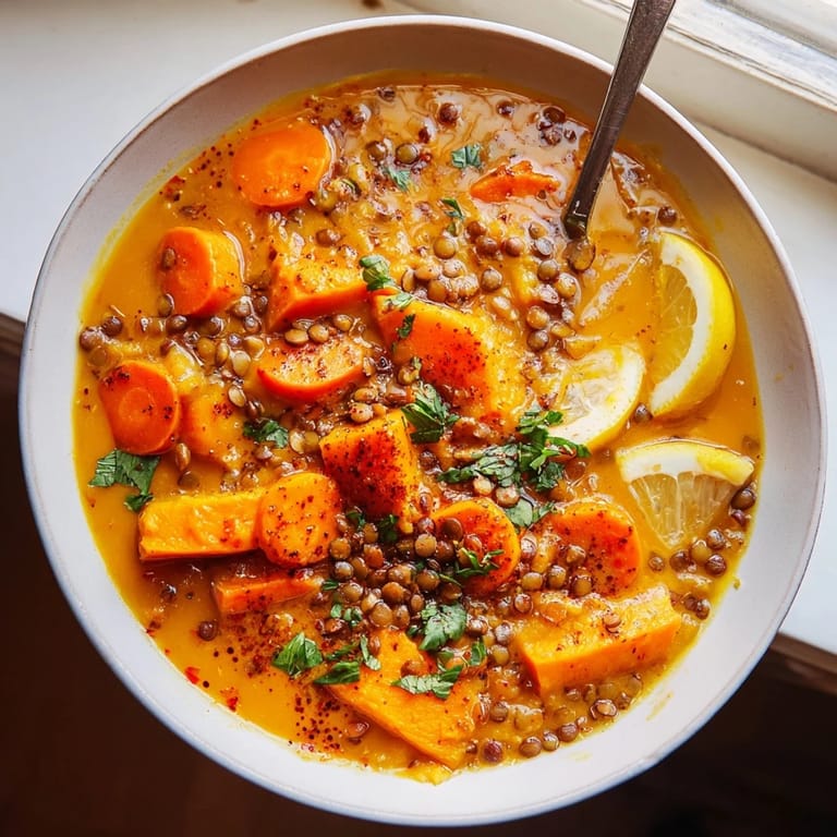 Serving suggestion of Butternut Squash and Lentil Soup paired with a slice of crusty bread for dipping.