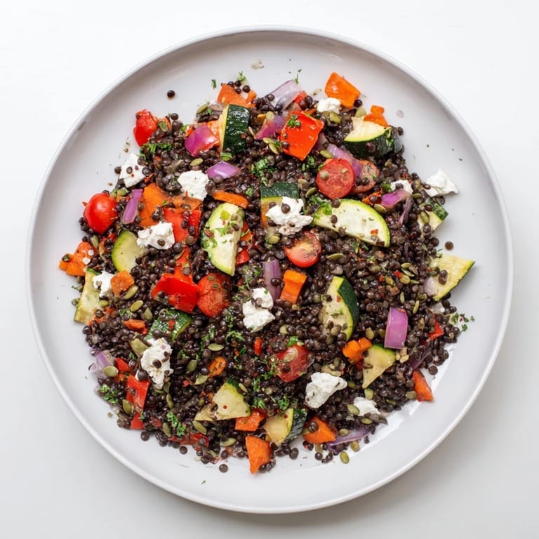 A close-up of vibrant Black Lentil Salad showcasing colorful roasted zucchini, bell peppers, and cherry tomatoes tossed in lemon dressing.