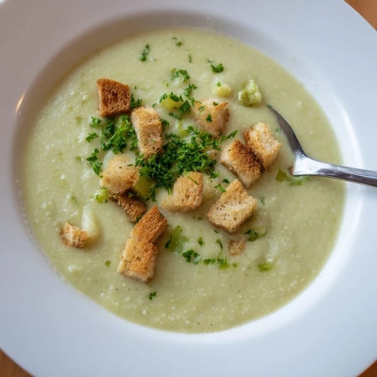 Vibrant green and white Cauliflower and Broccoli Soup garnished with Parmesan and croutons, served hot alongside crusty bread for dipping.