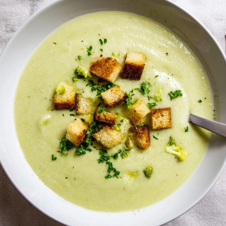 Hearty homemade Cauliflower and Broccoli Soup featuring tender vegetables, aromatic herbs, and crispy croutons, perfect for a quick vegetarian dinner.