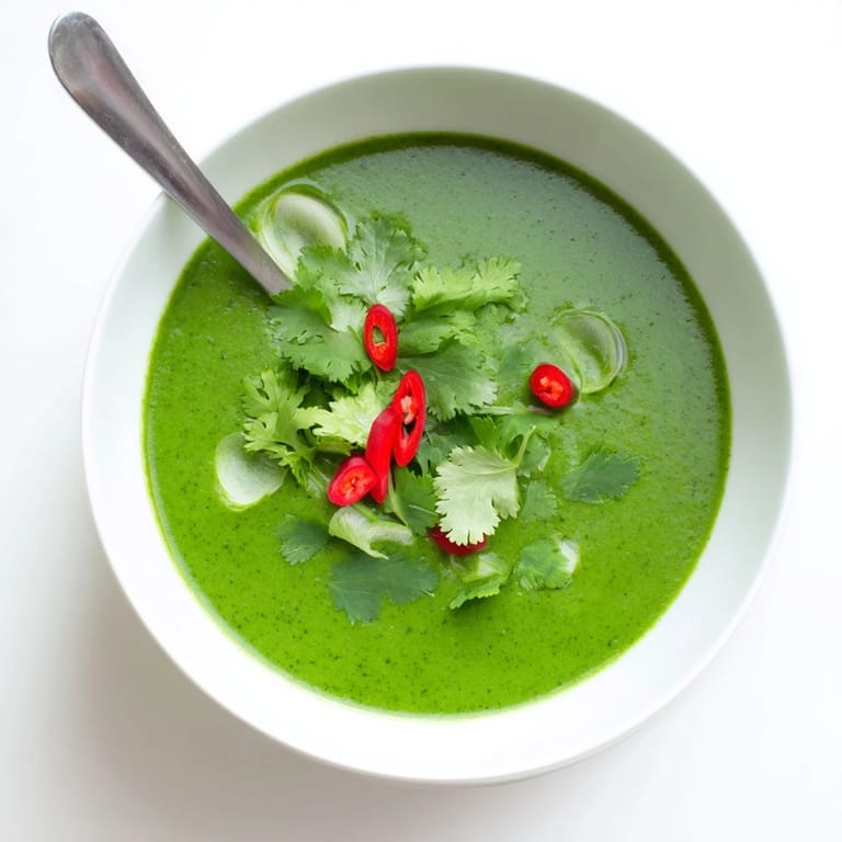 Creamy coconut milk base of Spinach Coriander Lemongrass Soup simmering in a pot with aromatic herbs and steam rising.