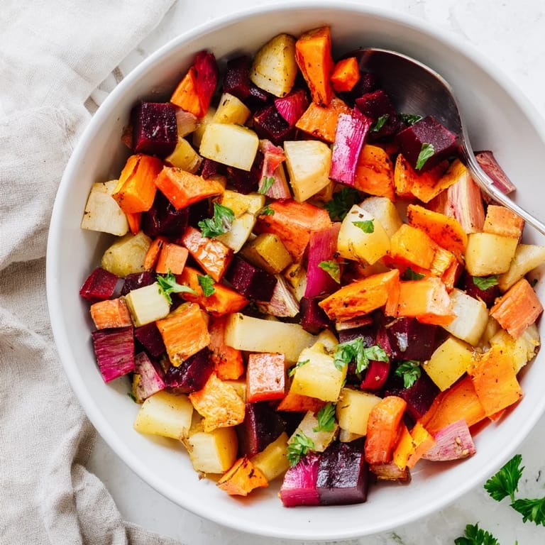 Golden, caramelized cubes of rutabaga and sweet potato in the Roasted Root Vegetable Medley, garnished with fresh parsley.