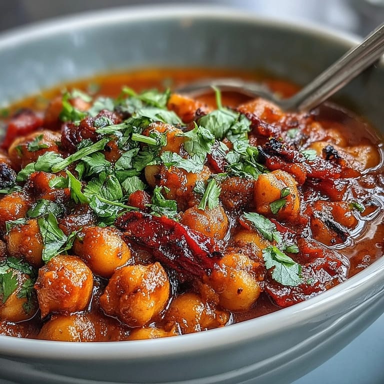 Savory spicy chickpea stew with tender vegetables, perfect for a flavorful weeknight meal.