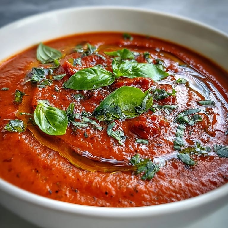 Comforting tomato and basil soup, beautifully smooth, ready for drizzling oil.