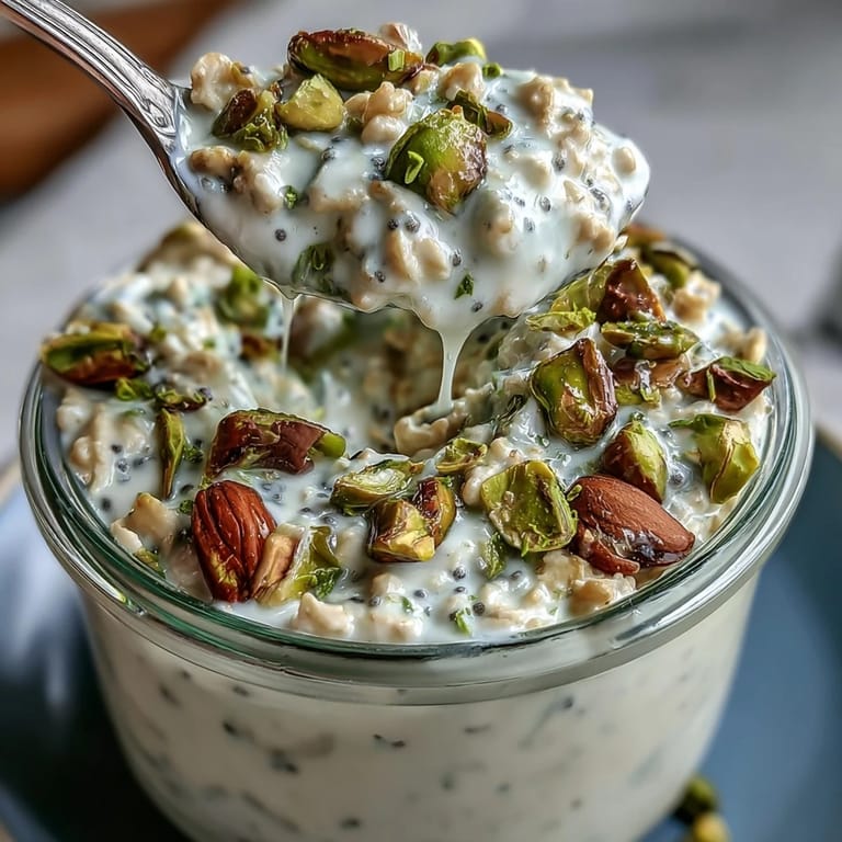 Colorful pistachio overnight oats served with milk and fruit for a healthy breakfast.