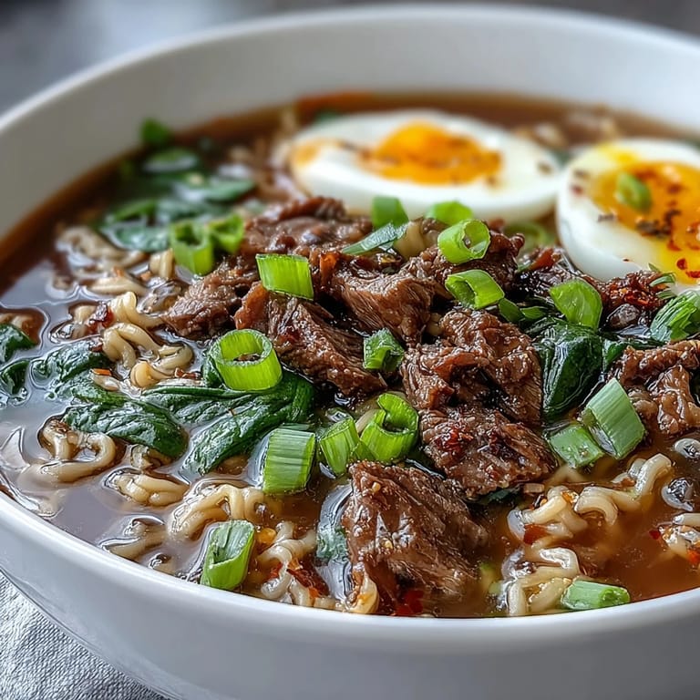 Easy slow cooker beef ramen noodles garnished with sliced green onions and a drizzle of sriracha for spice.