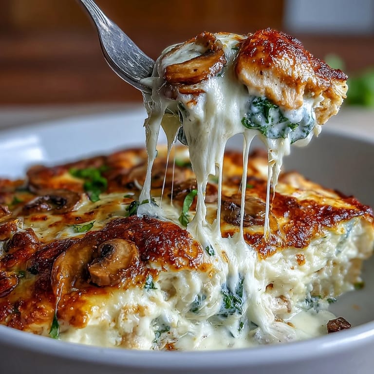 The Chicken Spinach & Mushroom Low Carb Oven Dish features sautéed mushrooms and spinach over chicken, drizzled with heavy cream and baked to golden perfection.