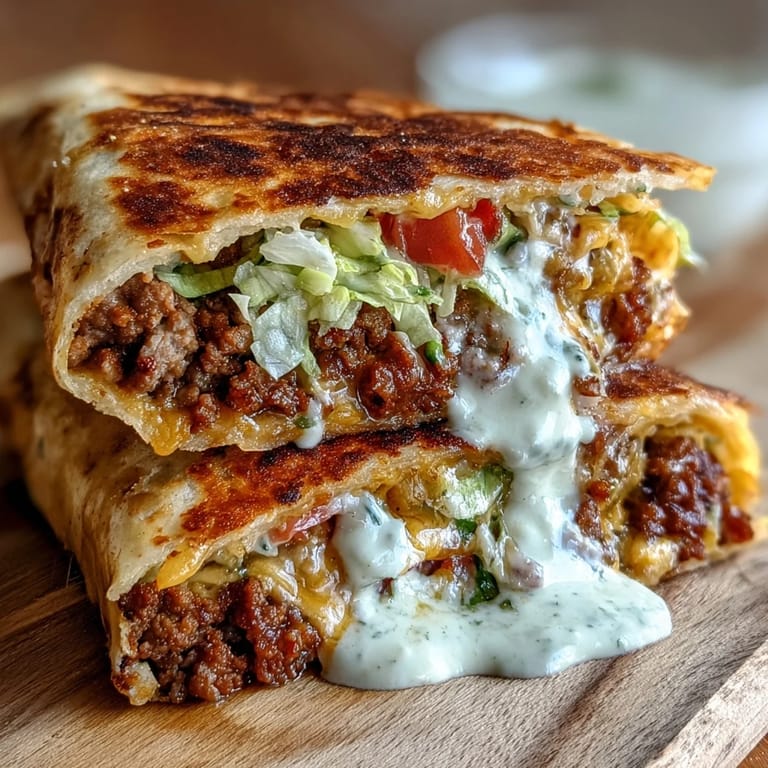 Close-up of a sliced Keto Crunchwrap revealing the savory seasoned beef, creamy cheese sauce, and crisp fresh toppings inside.