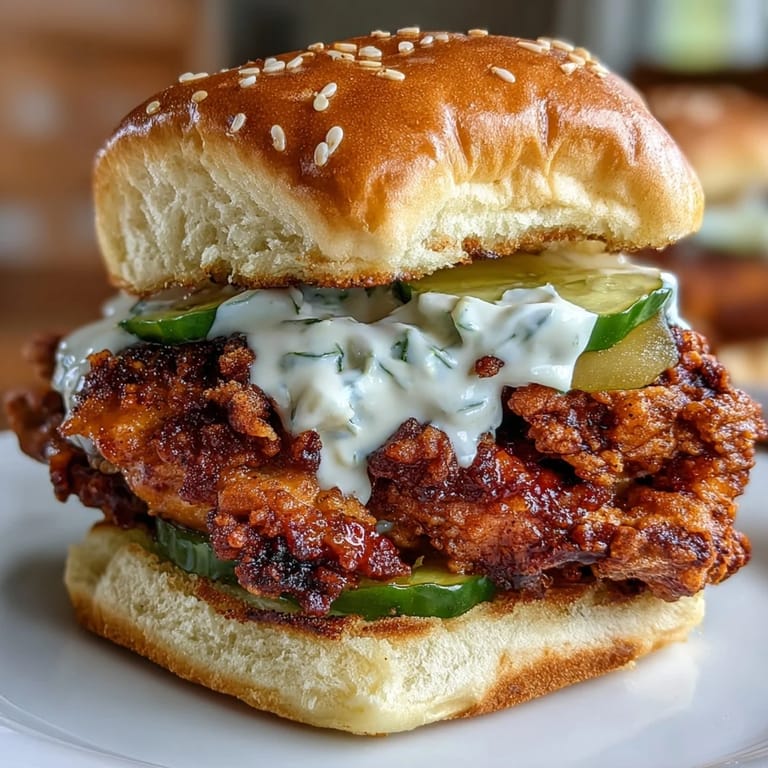 Fiery fried chicken thighs on slider buns, topped with creamy dill pickle aioli and pickle slices.
