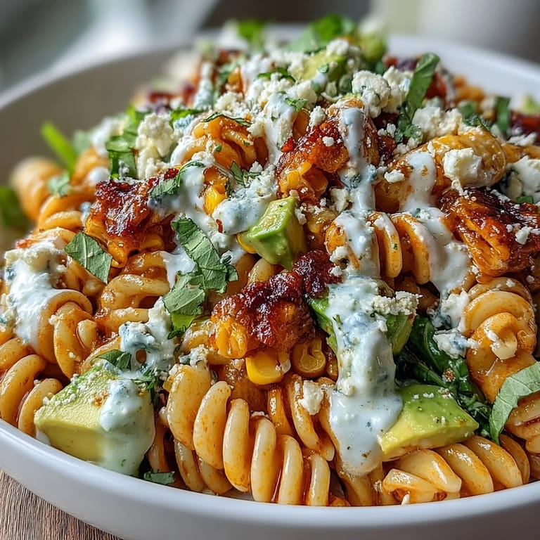 A hearty serving of Creamy Street Corn Pasta Salad garnished with herbs, ready for a summer potluck.