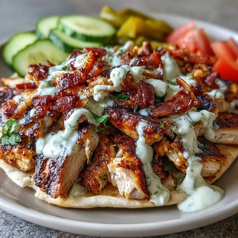 A close-up of savory chicken shawarma wrap with crisp lettuce, tomatoes, and tangy pickles on a warm pita.