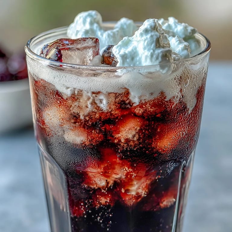 Midnight Malibu Dirty Soda recipe, a layered drink with bubbly Dr Pepper, blackberry syrup, and rich coconut cream.