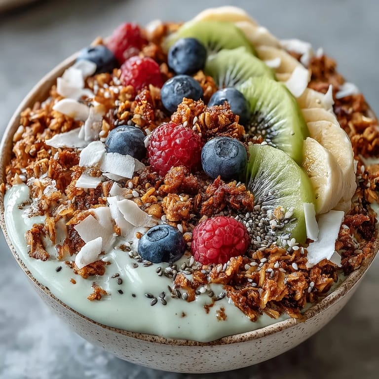 Creamy blended Hojicha Smoothie Bowl garnished with fresh fruit, chia seeds, and coconut flakes for a nourishing, dairy-free breakfast.