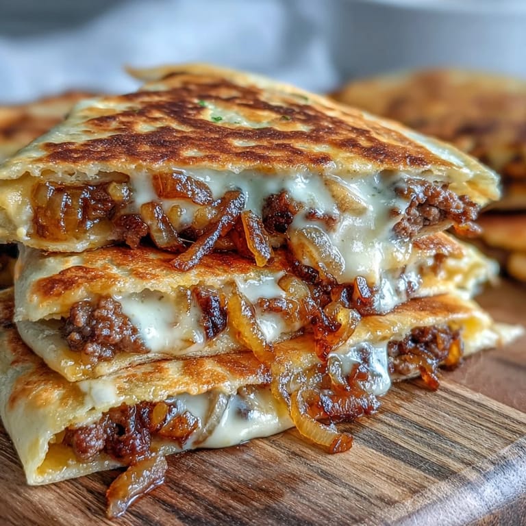 Close-up of crispy tortilla wedges revealing juicy smashburger patties and sweet onions in Cheesy Griddled Smashburger Quesadillas.