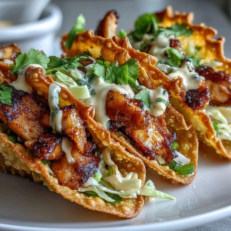 Hot Crispy Chicken Wonton Tacos are garnished with fresh cilantro and served with lime wedges for a tangy squeeze. 