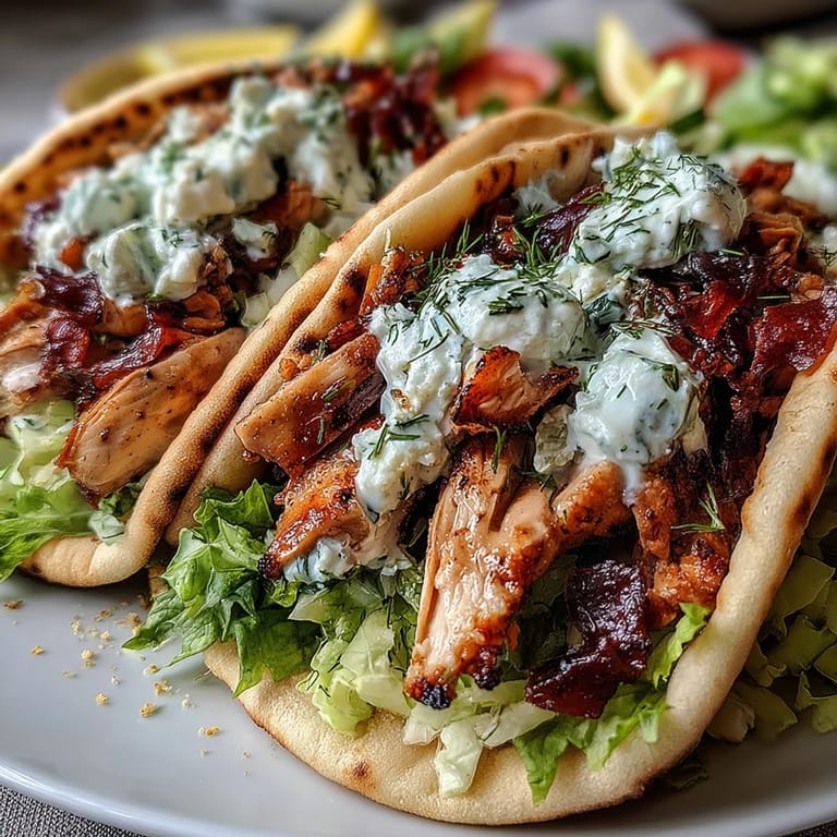 Freshly assembled Mediterranean Chicken Gyros with crisp lettuce, tomatoes, and tangy feta tzatziki served with lemon wedges.