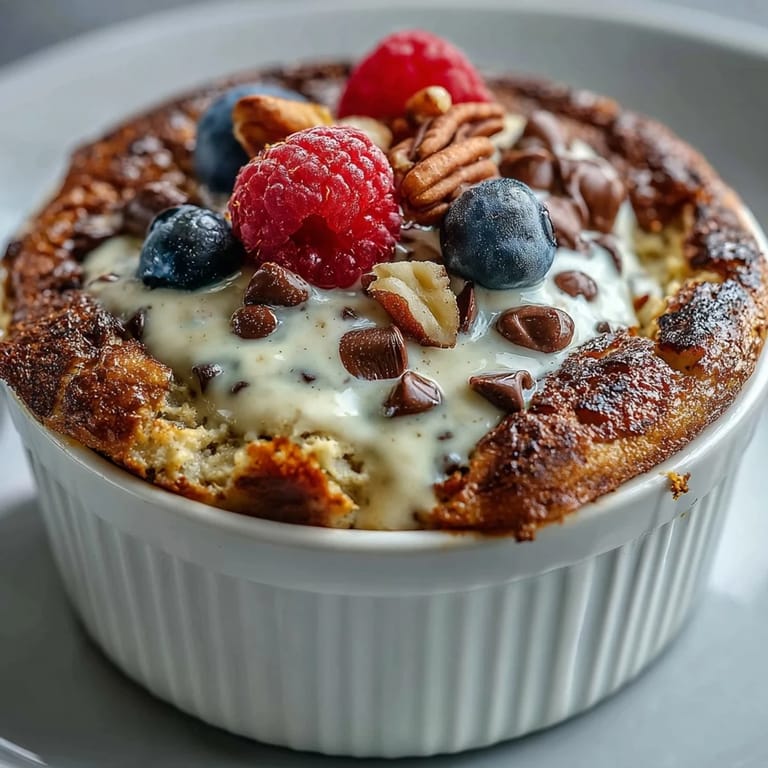 Warm and gooey Baked Protein Pancake Bowl dusted with powdered sugar, served with a glass of orange juice for an energizing start.