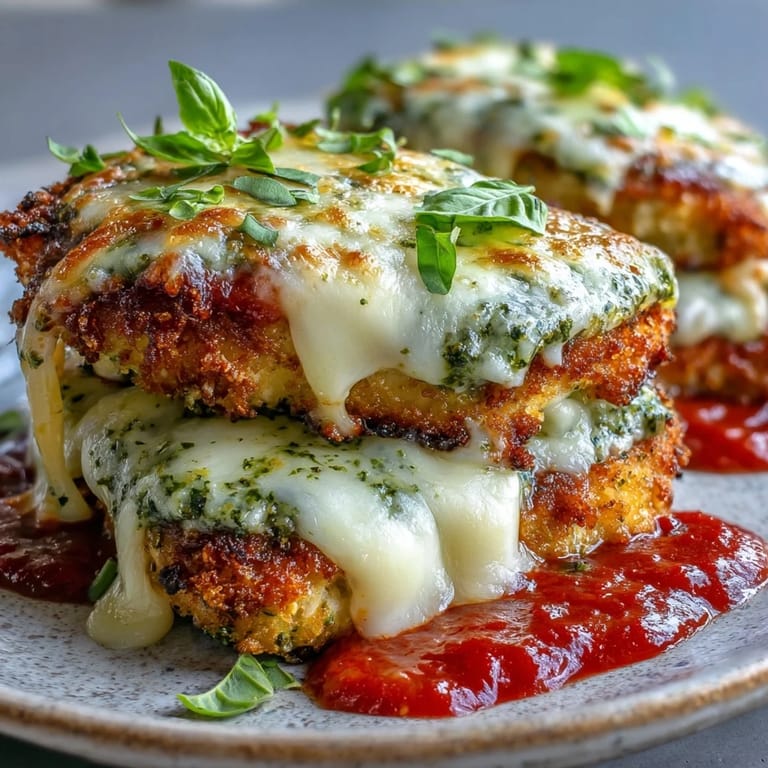 Juicy chicken parmesan with golden breading, layered with vibrant pesto, rich marinara, and melted cheeses, garnished with fresh basil leaves.