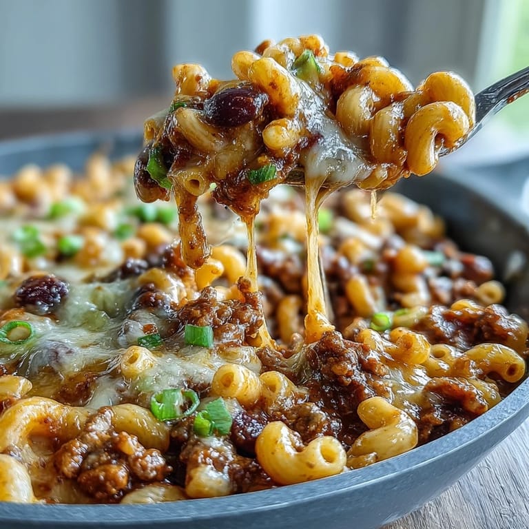 A close-up of steaming One-Pan High Protein Chili Mac with gooey cheddar and tender elbow macaroni in a skillet.