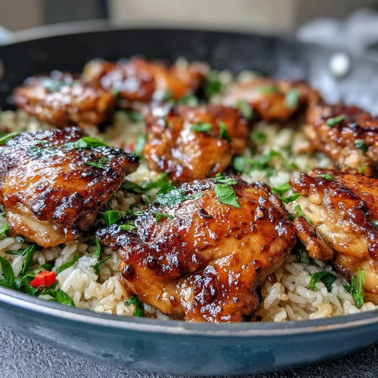 Tender pieces of One-Pan Bold Honey BBQ Chicken Rice served from a skillet, garnished with fresh parsley for a family meal.